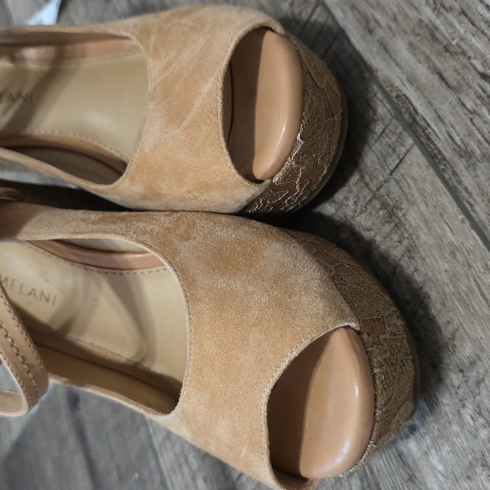 Antonio Melani Camel Tan Suede Leather Lace Wedge Heels Shoes - Picture 12 of 12